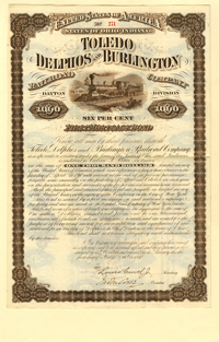 Toledo Delphos and Burlington Railroad Company $1000 Bond (Uncanceled)